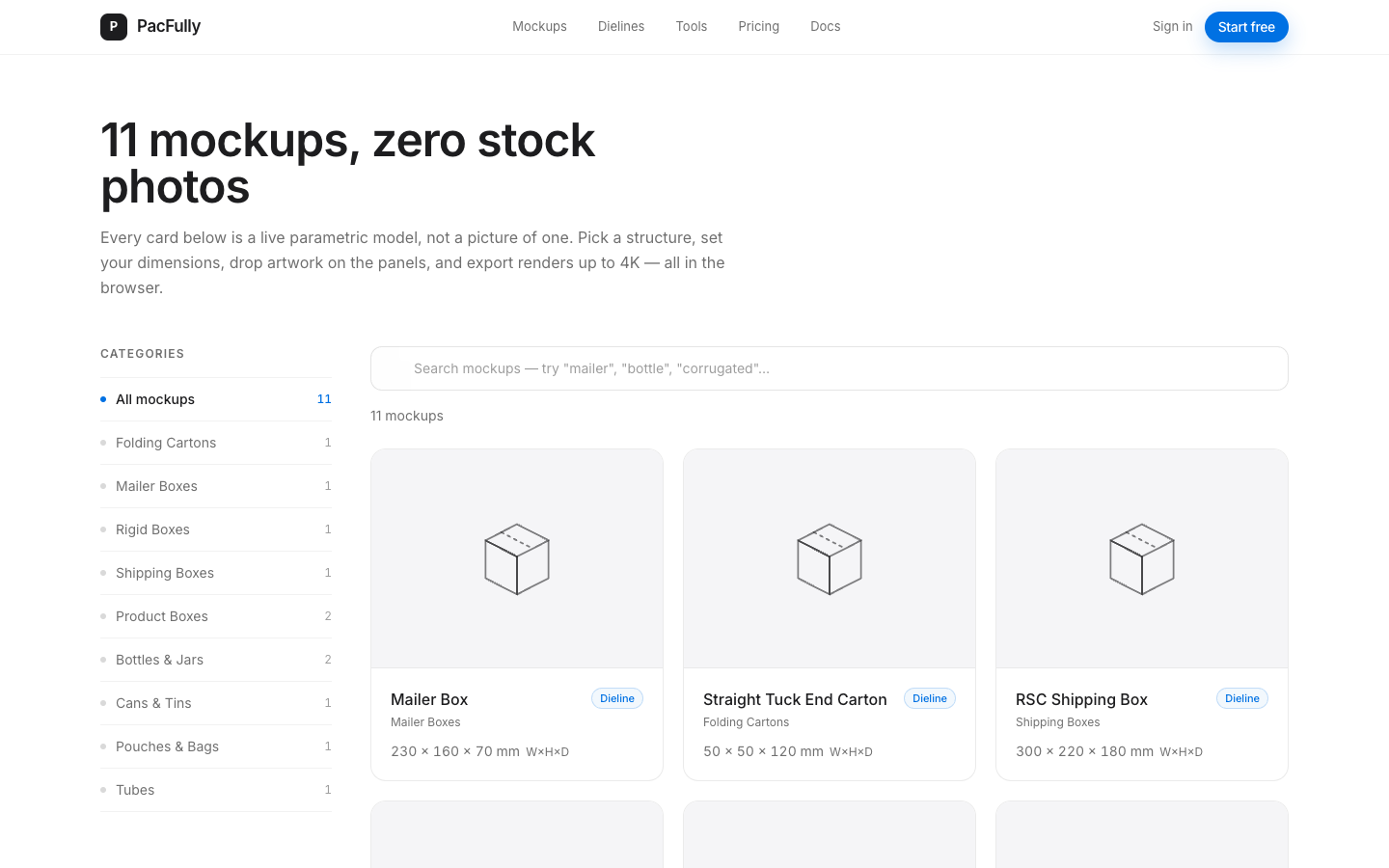 Mockups gallery showing parametric packaging templates