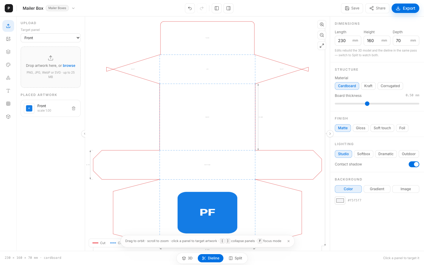 Editor switched to dieline view