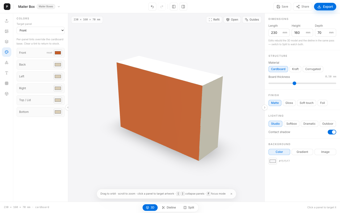3D box after applying a package color