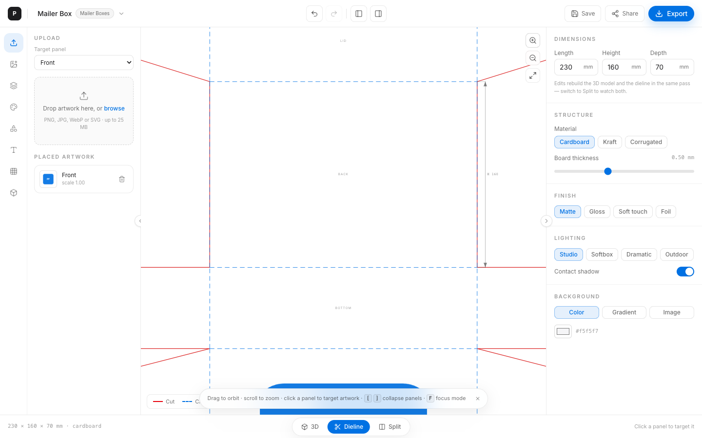 Zoomed dieline focusing on panel geometry