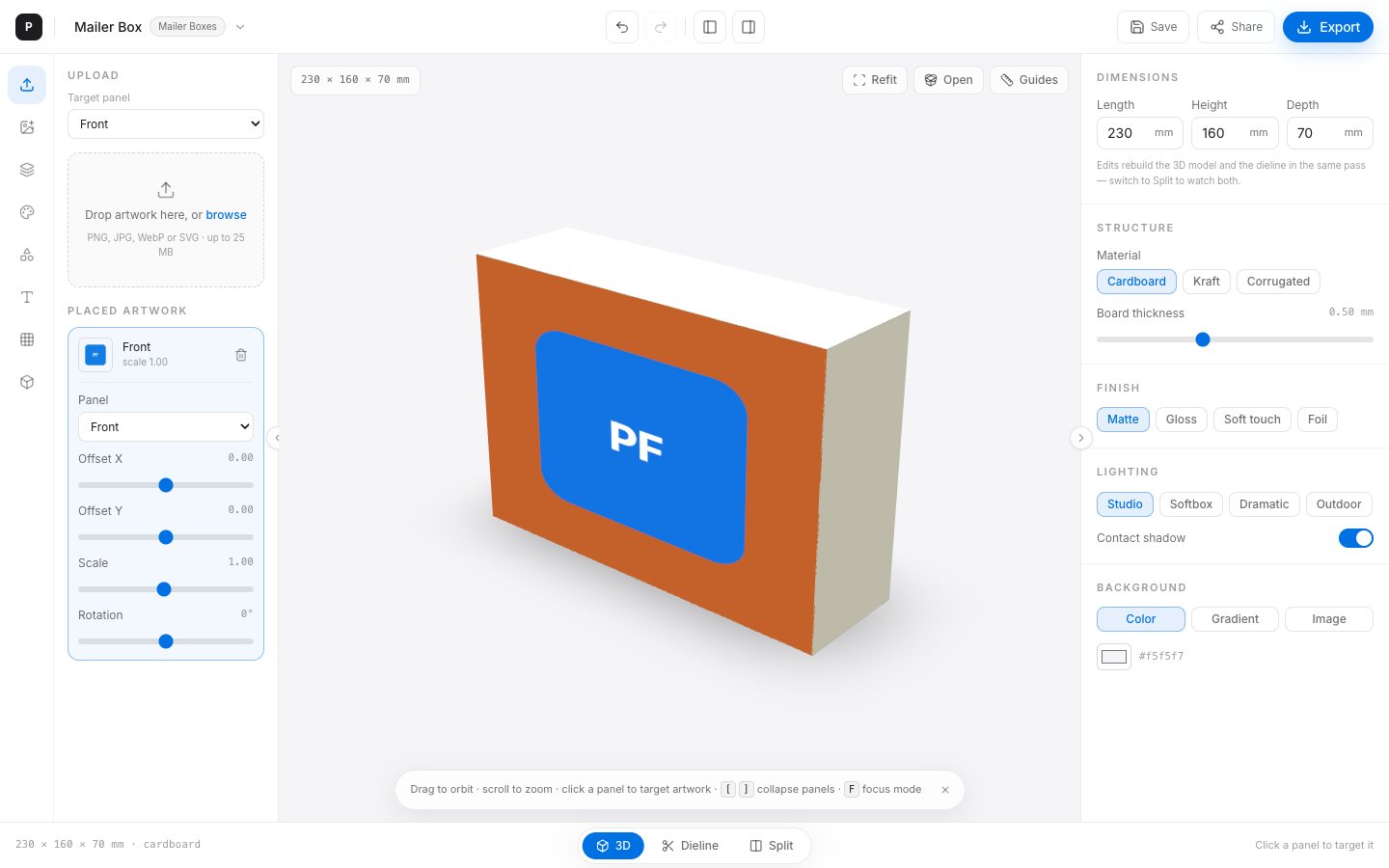 Artwork on 3D used as source for dieline overlays