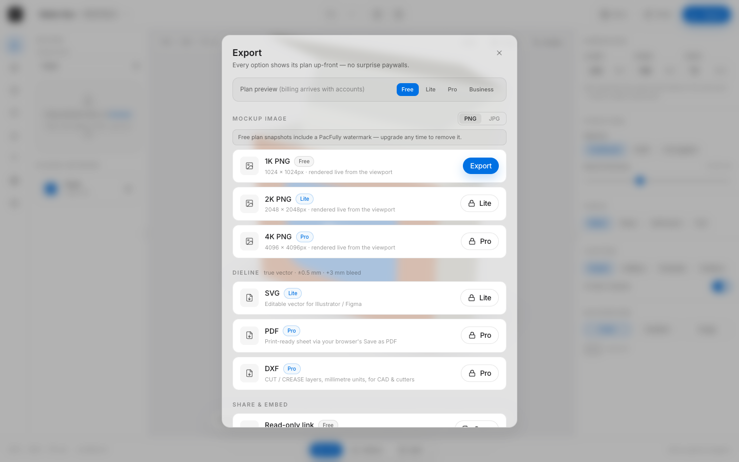 Export dialog with plan badges