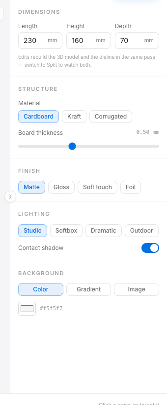 Dimension controls that drive the dieline