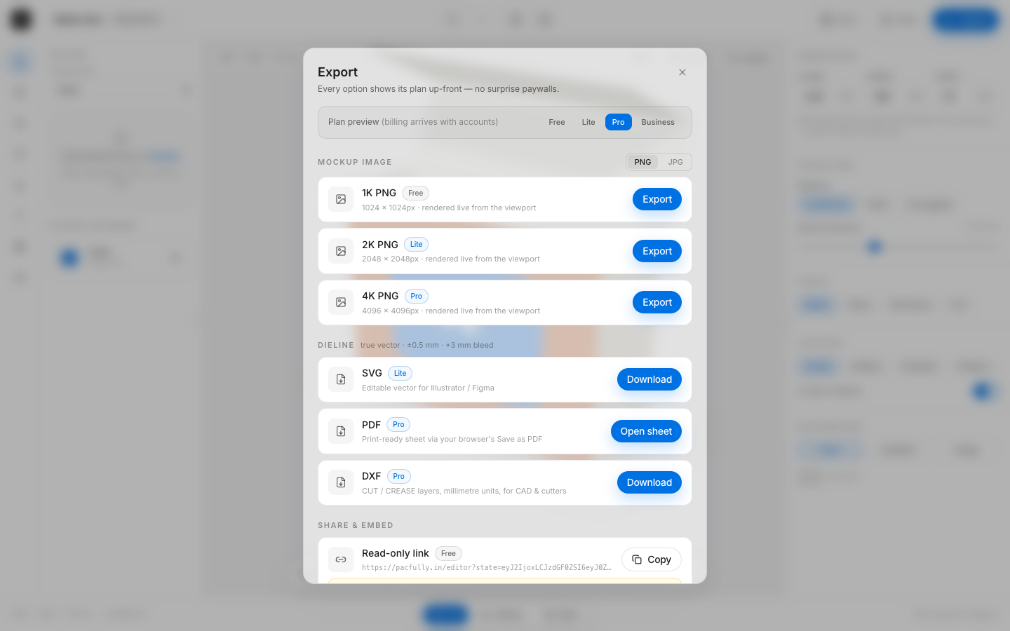 Pro plan preview unlocking dieline exports